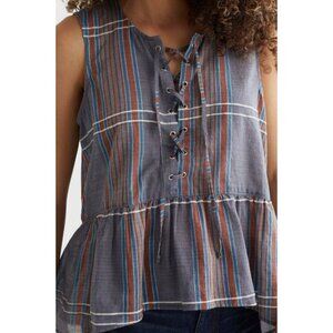 Lucky Brand Boho Relaxed Lace Front Woven Gray Plaid Sleeveless Hi-Low Top XS